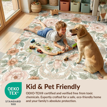 8'x10' Easy Clean Traditional Botanical Massive Rug, Peach for King Size Bedroom, Master Suite, Under Bed, Sleek Flatweave Pet Friendly Built-in Grip Mat | 2117940