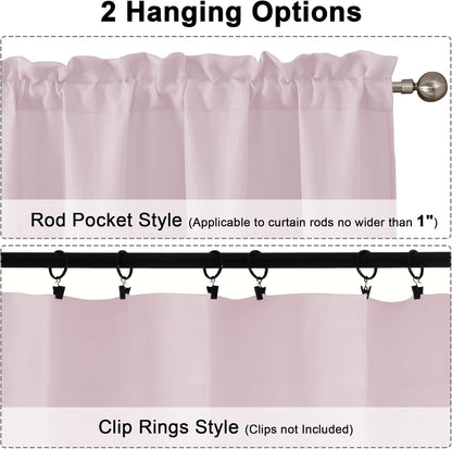 Bennet Blush Pink Valance for Windows, Faux Linen Slub Textured Semi Sheer Small Window Kitchen Valance Curtain, Rod Pocket Cafe Valance for Bathroom Laundry Basement, 30Wx14L inch, 2 Piece