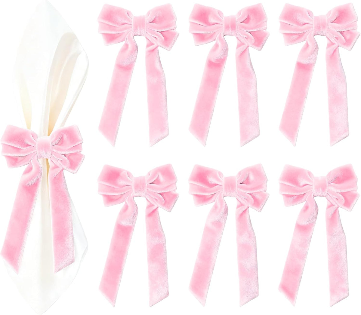 Meseey 6 Pcs Pink Velvet Bow Napkin Rings, 4x7 Inch Elegant Bow with 1.6 Inch Napkin Holder, Decorative for Wedding Birthday Baby Shower Dinner Party Table Setting
