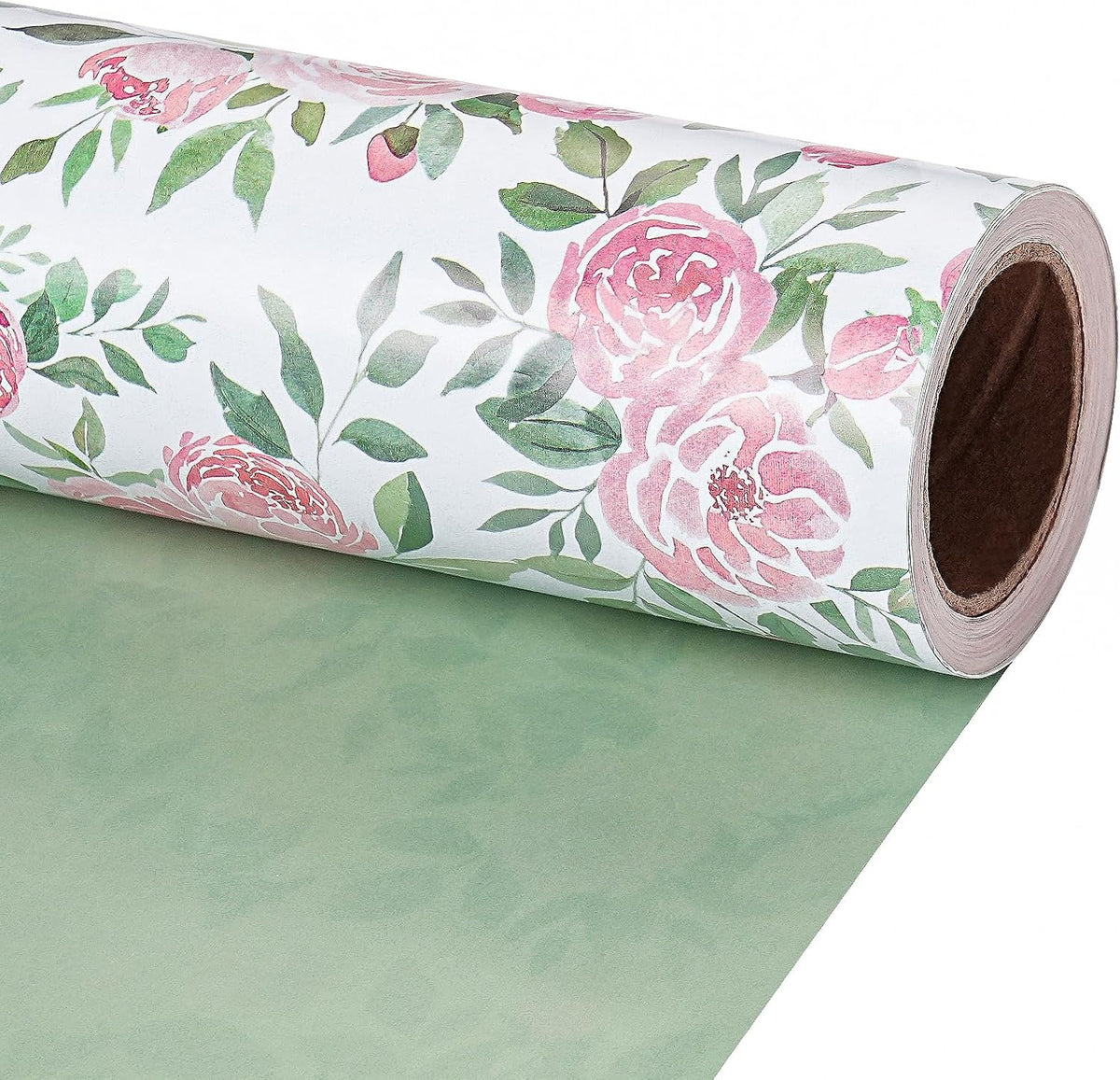Reversible Floral Wrapping Paper Roll for Girls Women, Mini Roll, Pink Rose Design and Green Solid Color, Elegant Gift Wrap for Birthday, Mother’s Day, Bridal Shower, 17 Inches x 16.4 Feet