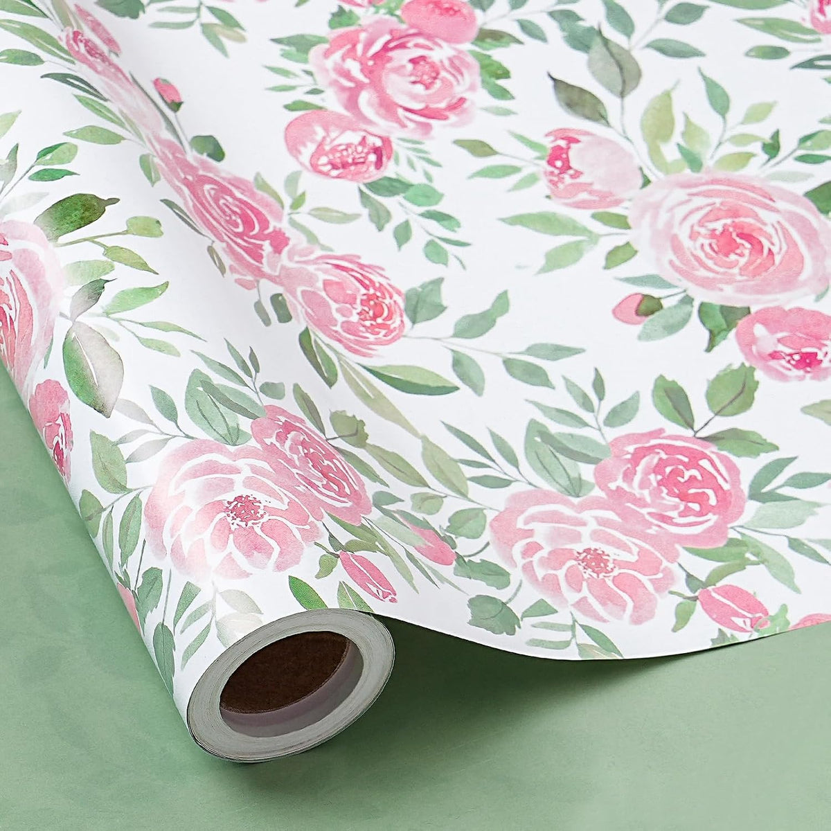 Reversible Floral Wrapping Paper Roll for Girls Women, Mini Roll, Pink Rose Design and Green Solid Color, Elegant Gift Wrap for Birthday, Mother’s Day, Bridal Shower, 17 Inches x 16.4 Feet
