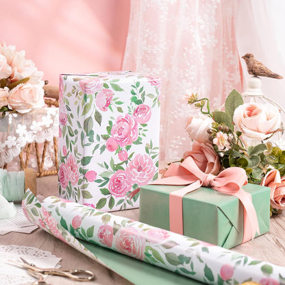 Reversible Floral Wrapping Paper Roll for Girls Women, Mini Roll, Pink Rose Design and Green Solid Color, Elegant Gift Wrap for Birthday, Mother’s Day, Bridal Shower, 17 Inches x 16.4 Feet