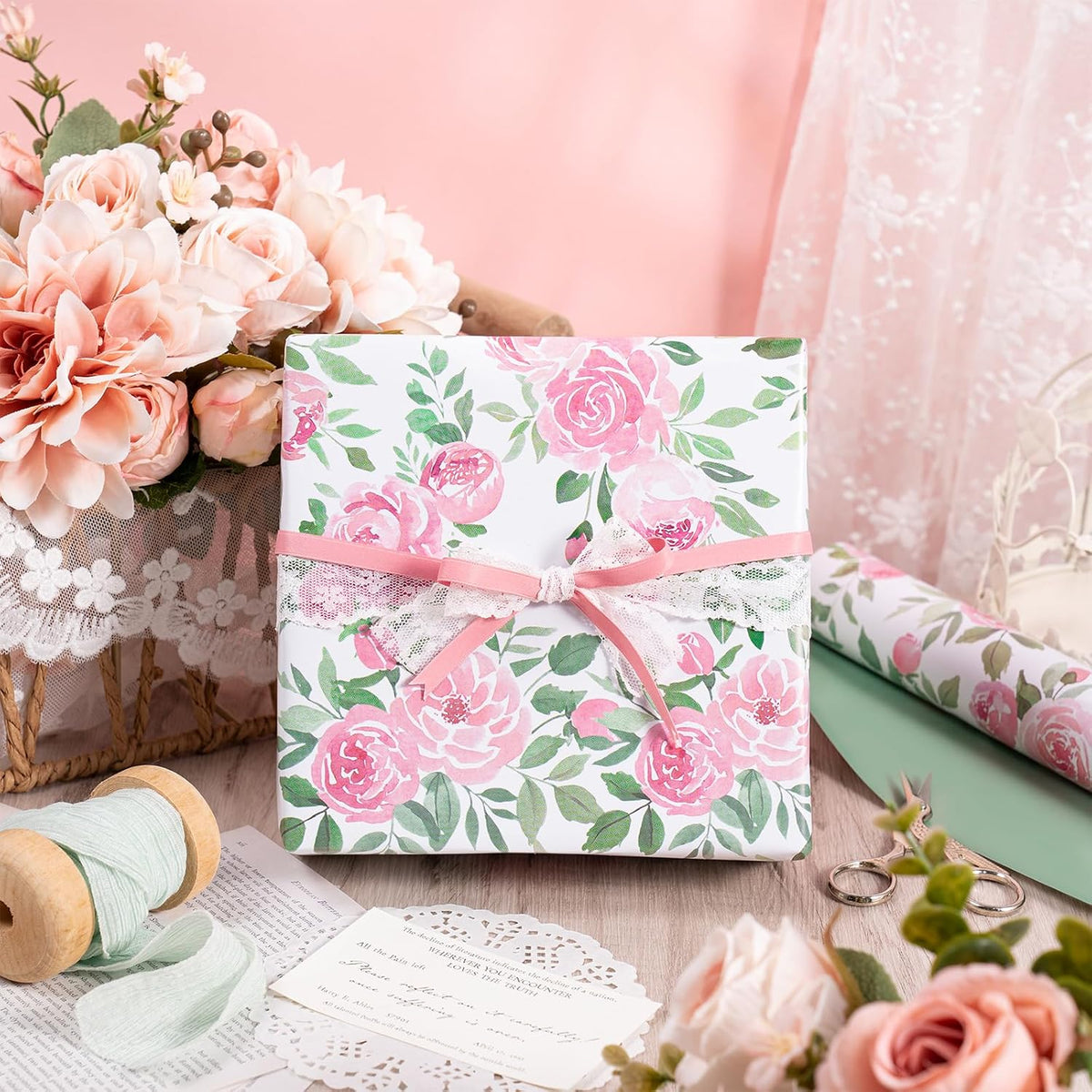 Reversible Floral Wrapping Paper Roll for Girls Women, Mini Roll, Pink Rose Design and Green Solid Color, Elegant Gift Wrap for Birthday, Mother’s Day, Bridal Shower, 17 Inches x 16.4 Feet