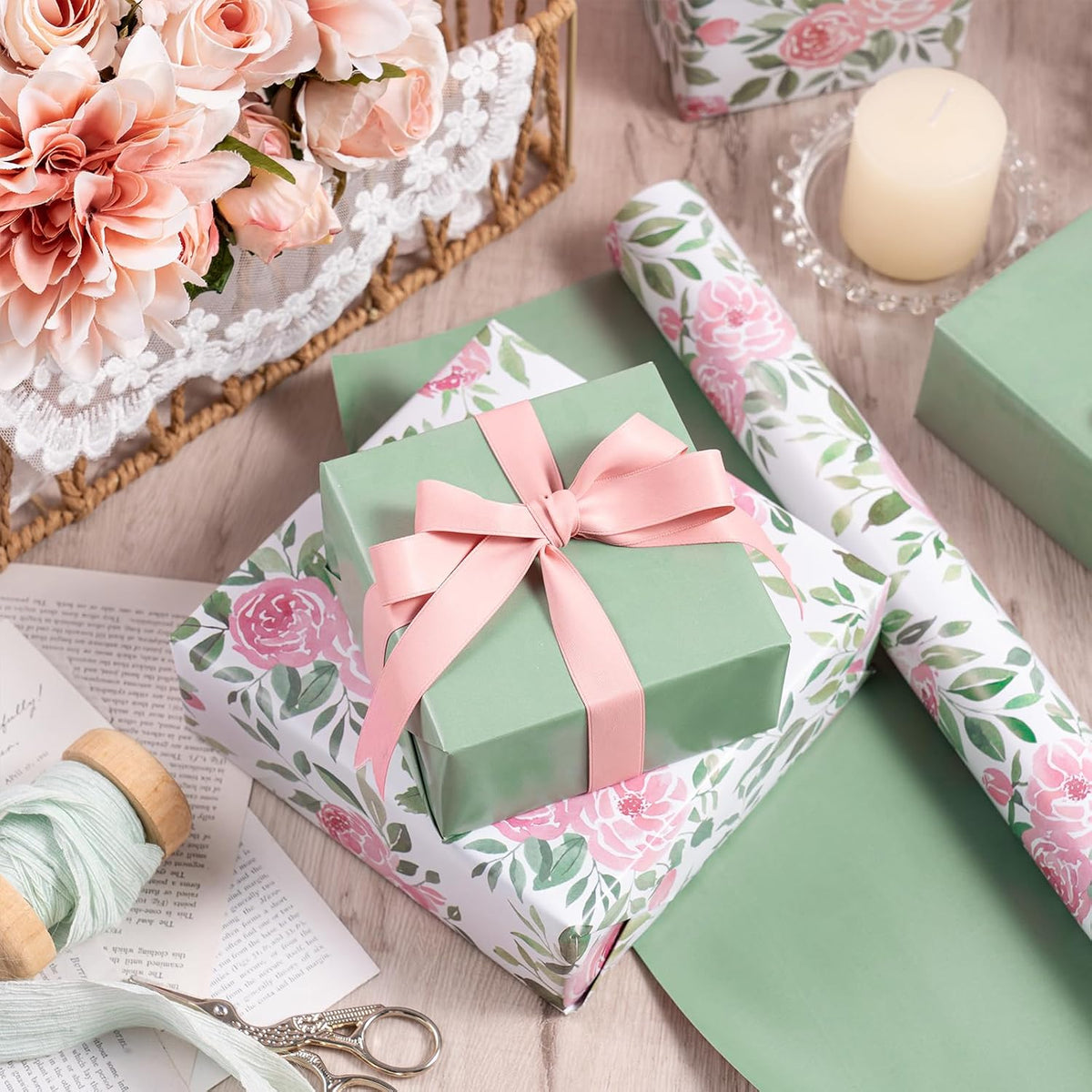Reversible Floral Wrapping Paper Roll for Girls Women, Mini Roll, Pink Rose Design and Green Solid Color, Elegant Gift Wrap for Birthday, Mother’s Day, Bridal Shower, 17 Inches x 16.4 Feet