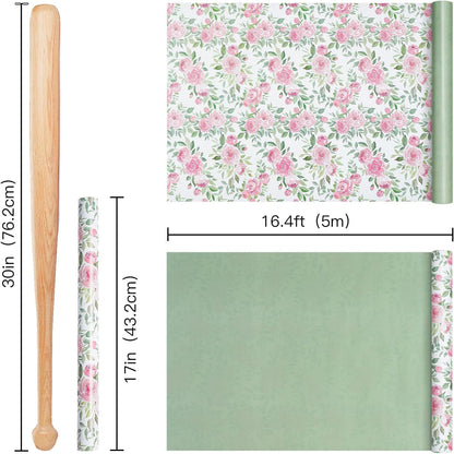 Reversible Floral Wrapping Paper Roll for Girls Women, Mini Roll, Pink Rose Design and Green Solid Color, Elegant Gift Wrap for Birthday, Mother’s Day, Bridal Shower, 17 Inches x 16.4 Feet
