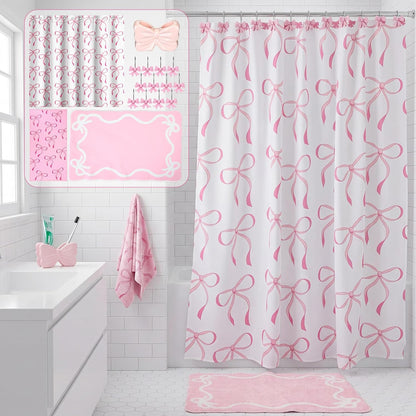 16 Pcs Pink Bow Shower Curtain Set with 12 Decorative Shower Curtain Hooks, Pink Bathroom Towel, Bow Toothbrush Holder, Cute Bath Mat for Modern Aesthetic Bathroom Decor
