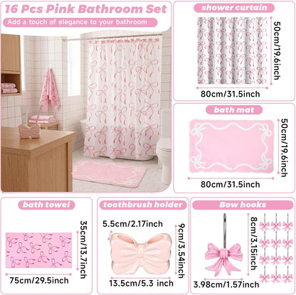 16 Pcs Pink Bow Shower Curtain Set with 12 Decorative Shower Curtain Hooks, Pink Bathroom Towel, Bow Toothbrush Holder, Cute Bath Mat for Modern Aesthetic Bathroom Decor