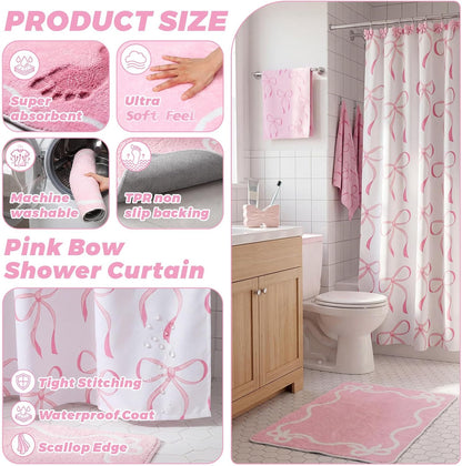 16 Pcs Pink Bow Shower Curtain Set with 12 Decorative Shower Curtain Hooks, Pink Bathroom Towel, Bow Toothbrush Holder, Cute Bath Mat for Modern Aesthetic Bathroom Decor