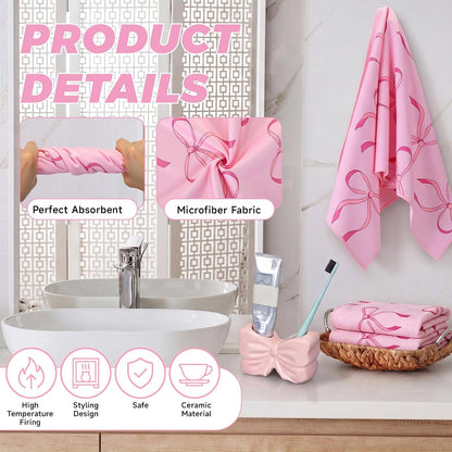 16 Pcs Pink Bow Shower Curtain Set with 12 Decorative Shower Curtain Hooks, Pink Bathroom Towel, Bow Toothbrush Holder, Cute Bath Mat for Modern Aesthetic Bathroom Decor