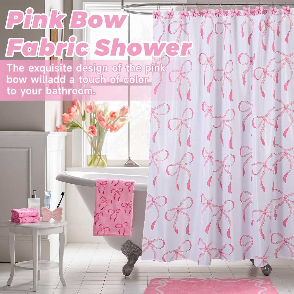 16 Pcs Pink Bow Shower Curtain Set with 12 Decorative Shower Curtain Hooks, Pink Bathroom Towel, Bow Toothbrush Holder, Cute Bath Mat for Modern Aesthetic Bathroom Decor