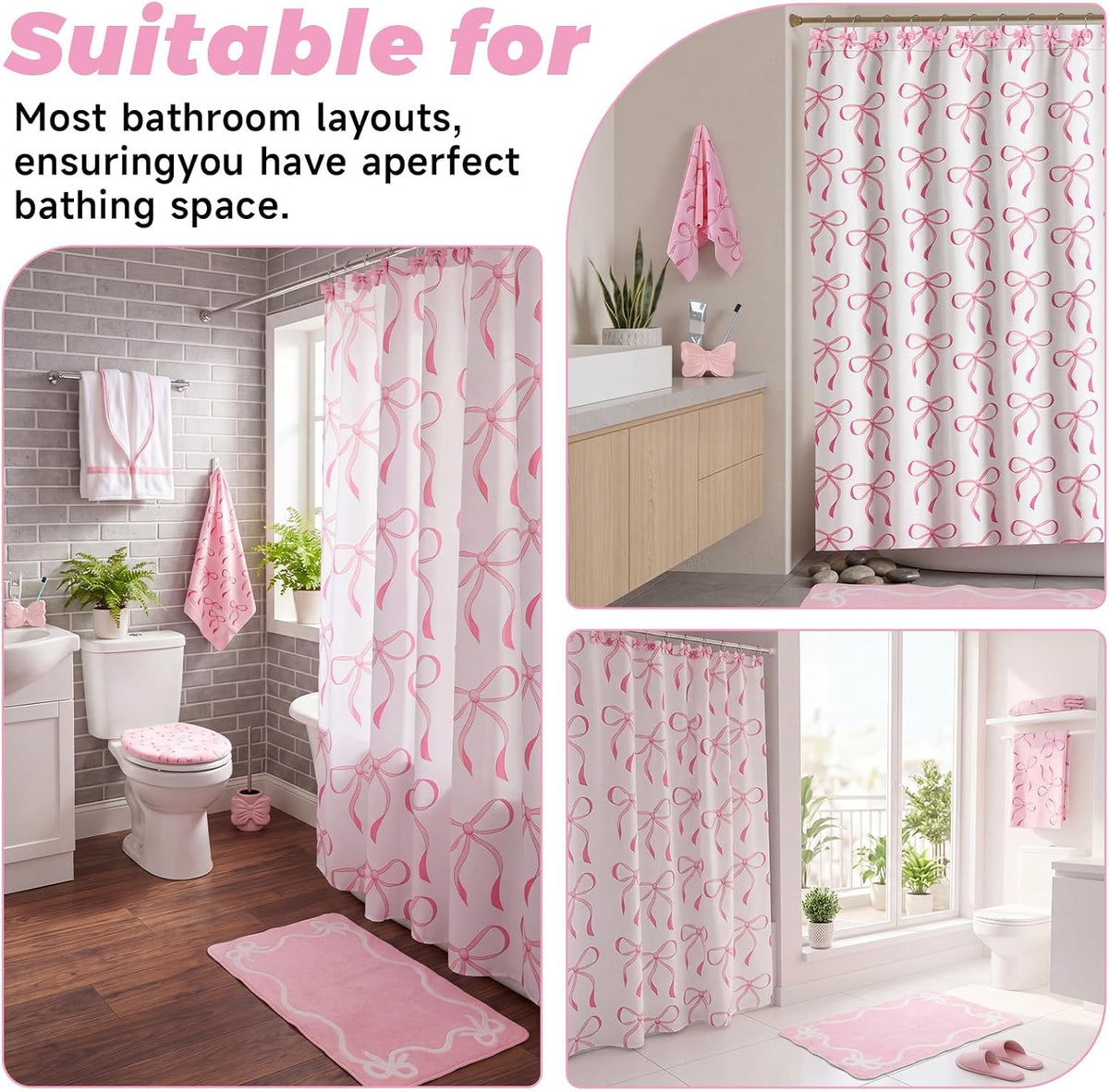 16 Pcs Pink Bow Shower Curtain Set with 12 Decorative Shower Curtain Hooks, Pink Bathroom Towel, Bow Toothbrush Holder, Cute Bath Mat for Modern Aesthetic Bathroom Decor