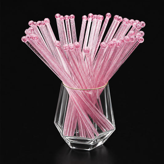 50-PCS Pink Glitter Plastic Swizzle Sticks, Crystal Cake Pops, Cocktail Coffee Drink Stirrers, Lolipop Stick, for Valentines Day Christmas Party, 7.24 Inch