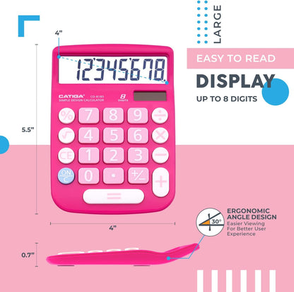 Desktop Calculator 8 Digit with Solar Power and Easy to Read LCD Display, Big Buttons, for Home, Office, School, Class and Business, 4 Function Small Basic Calculators for Desk, CD-8185