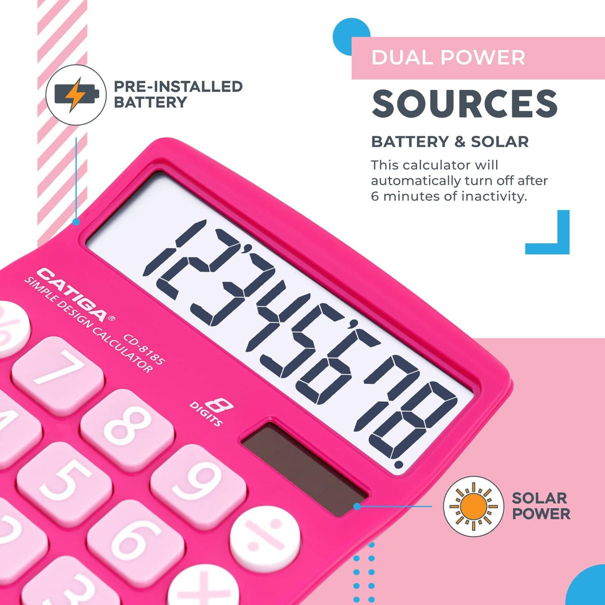 Desktop Calculator 8 Digit with Solar Power and Easy to Read LCD Display, Big Buttons, for Home, Office, School, Class and Business, 4 Function Small Basic Calculators for Desk, CD-8185