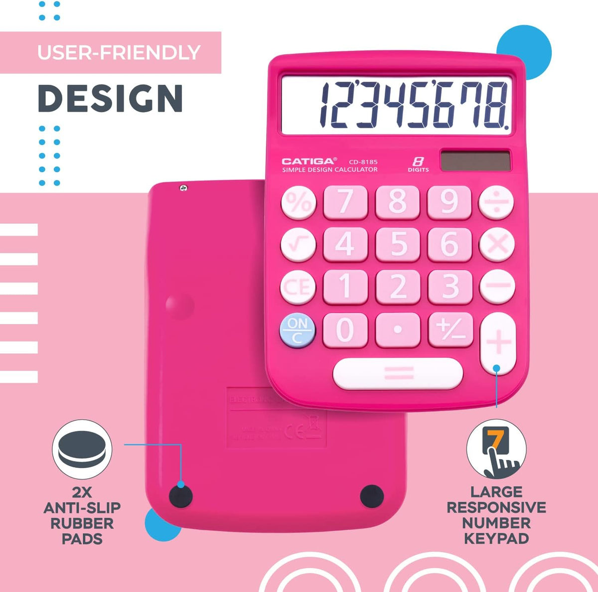 Desktop Calculator 8 Digit with Solar Power and Easy to Read LCD Display, Big Buttons, for Home, Office, School, Class and Business, 4 Function Small Basic Calculators for Desk, CD-8185