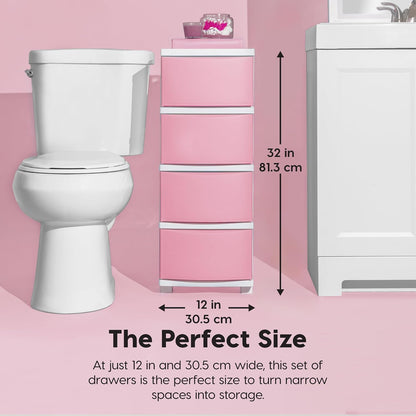 4-Drawer Slim Narrow Storage Organizer, Pink Matte Front