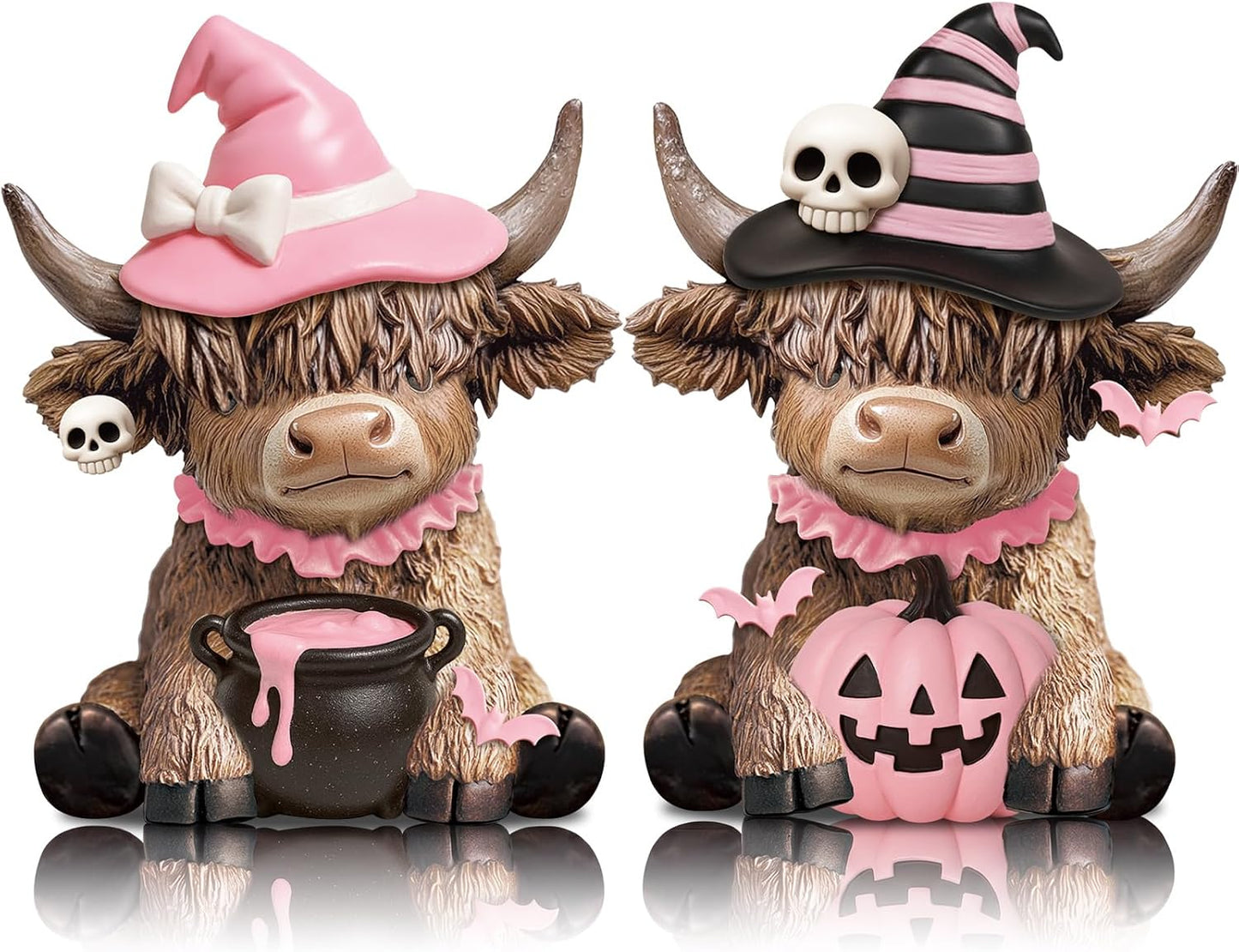 2 Pcs Pink Halloween Cow Figurines Resin Statues Tabletop Desk