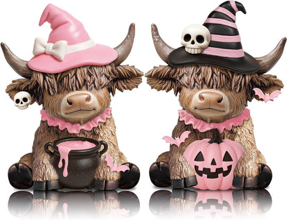 2 Pcs Pink Halloween Cow Figurines Resin Statues Tabletop Desk