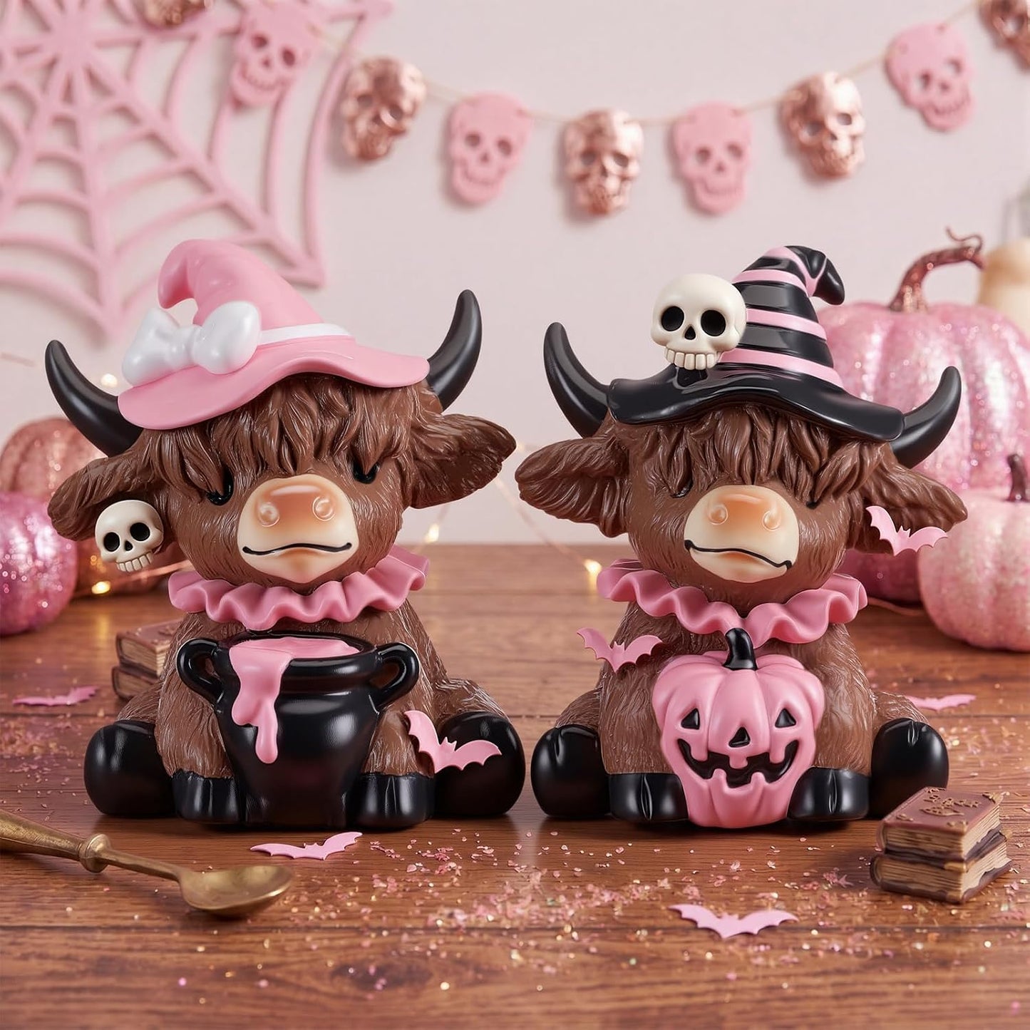 2 Pcs Pink Halloween Cow Figurines Resin Statues Tabletop Desk