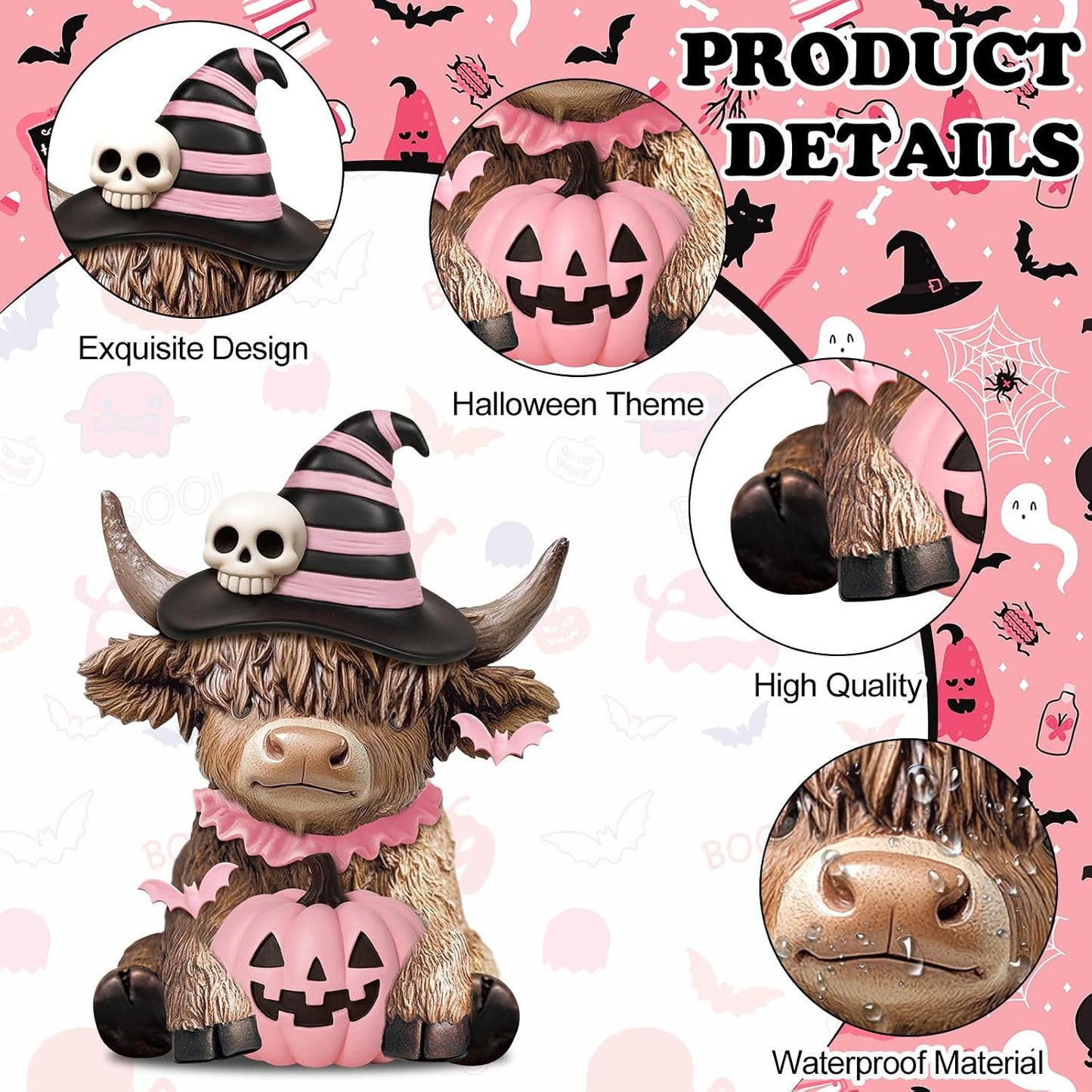 2 Pcs Pink Halloween Cow Figurines Resin Statues Tabletop Desk