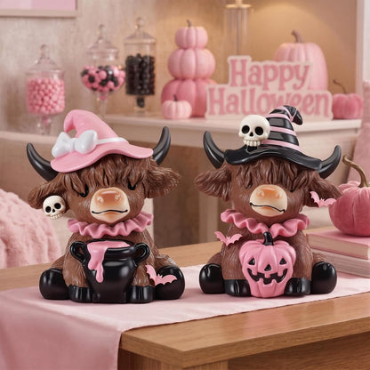 2 Pcs Pink Halloween Cow Figurines Resin Statues Tabletop Desk