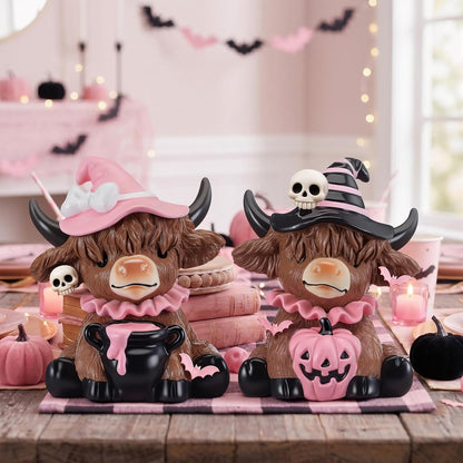 2 Pcs Pink Halloween Cow Figurines Resin Statues Tabletop Desk