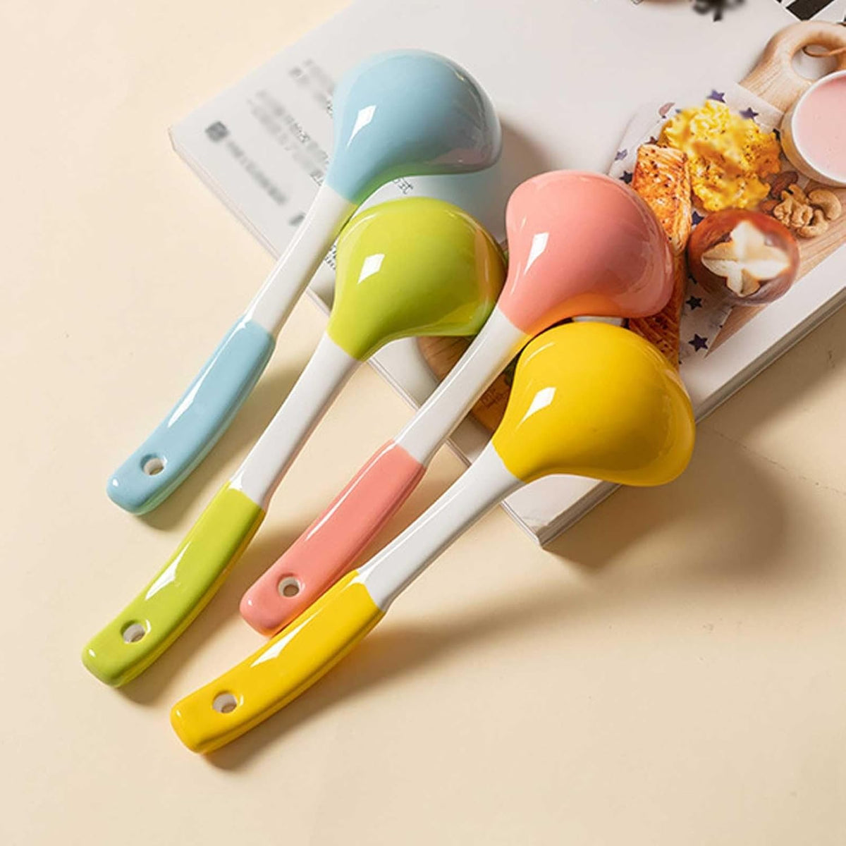 tablespoon Colorful Ceramic Soup Ladle Spoon Chinese Spoons Heavy Duty Deep Porcelain Large, 1Pcs Household(Pink)