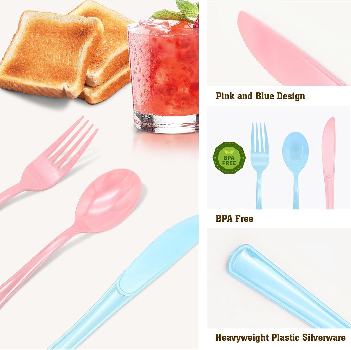 50 Pcs Pink and Blue Plastic Spoons Heavy Duty Plastic Cutlery Sets 25 Pink and 25 Blue Spoons for Birthday Baby Shower Gender Reveal