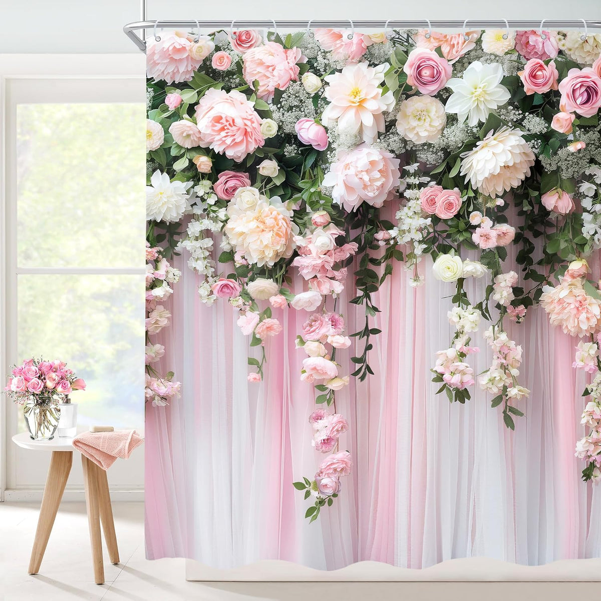 Pink Girly Spring Blossom Romantic Flower Girls Bathroom Shower Curtain Set