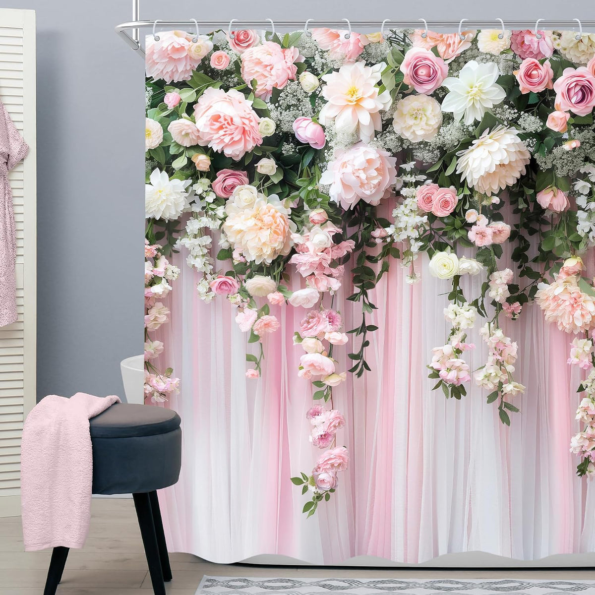 Pink Girly Spring Blossom Romantic Flower Girls Bathroom Shower Curtain Set