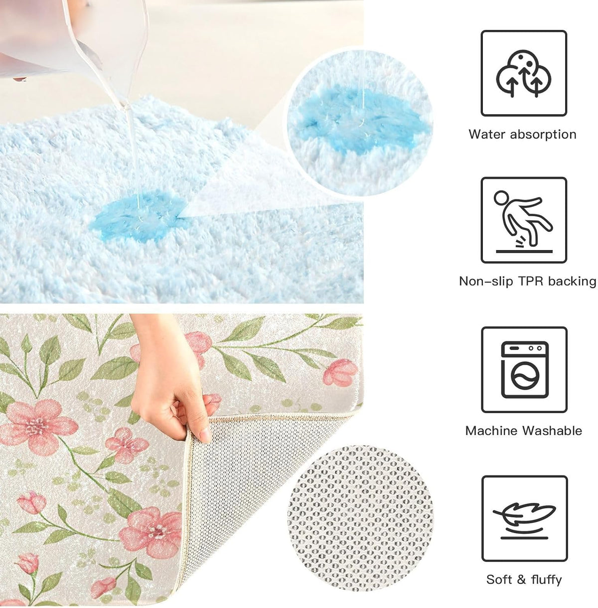 Watercolor Flowers Pink Bathroom Mat Rug 24" x 16" Non Slip Super Absorbent Quick Dry Bath Mats for Bathtub Fluffy Rugs