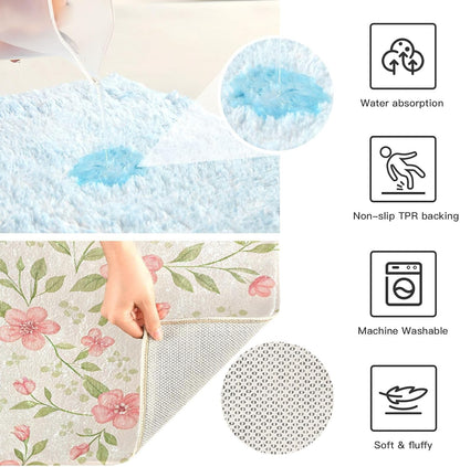 Watercolor Flowers Pink Bathroom Mat Rug 24" x 16" Non Slip Super Absorbent Quick Dry Bath Mats for Bathtub Fluffy Rugs