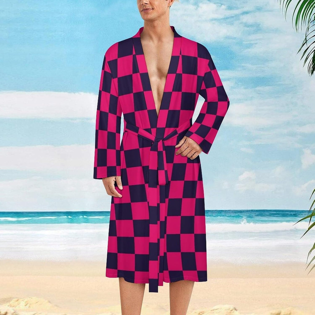 Navyblue Pink Checkered Print Robes for Men Women, Soft Bathrobe Long Men Womens Robes Lightweight Cozy Bath Robe