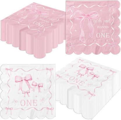 Pink Bow 1st Birthday Party Decorations 50pcs Girls Just Wanna Be One Napkins Disposable Coquette Birthday Paper Napkin for Girls Baby Shower Party Supplies