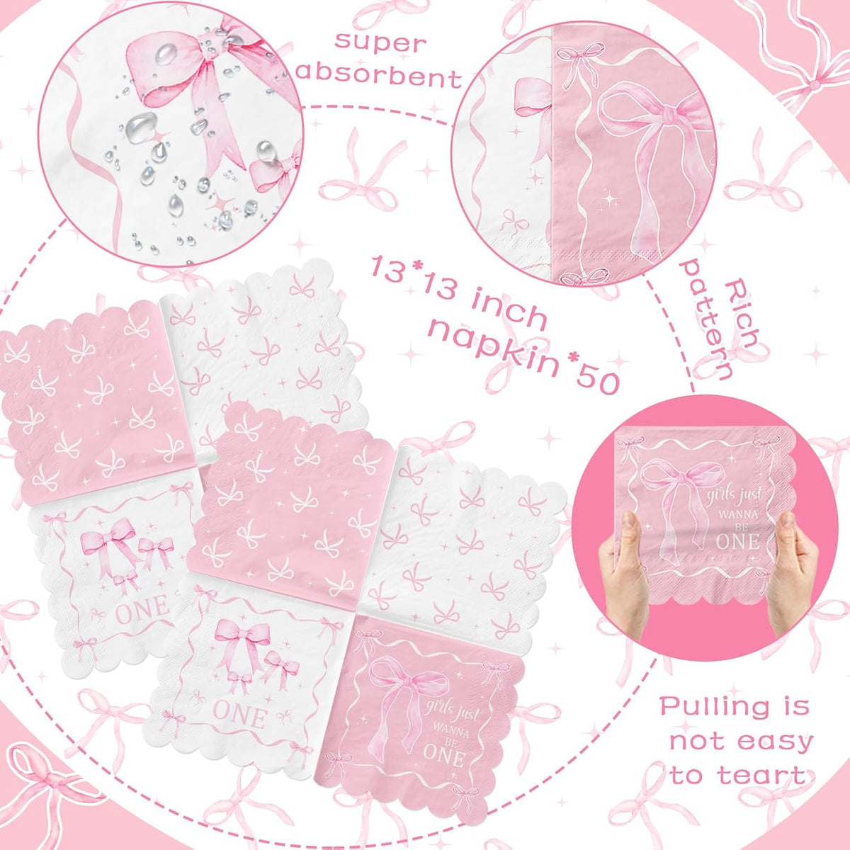 Pink Bow 1st Birthday Party Decorations 50pcs Girls Just Wanna Be One Napkins Disposable Coquette Birthday Paper Napkin for Girls Baby Shower Party Supplies