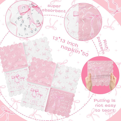 Pink Bow 1st Birthday Party Decorations 50pcs Girls Just Wanna Be One Napkins Disposable Coquette Birthday Paper Napkin for Girls Baby Shower Party Supplies
