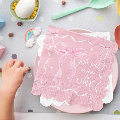 Pink Bow 1st Birthday Party Decorations 50pcs Girls Just Wanna Be One Napkins Disposable Coquette Birthday Paper Napkin for Girls Baby Shower Party Supplies