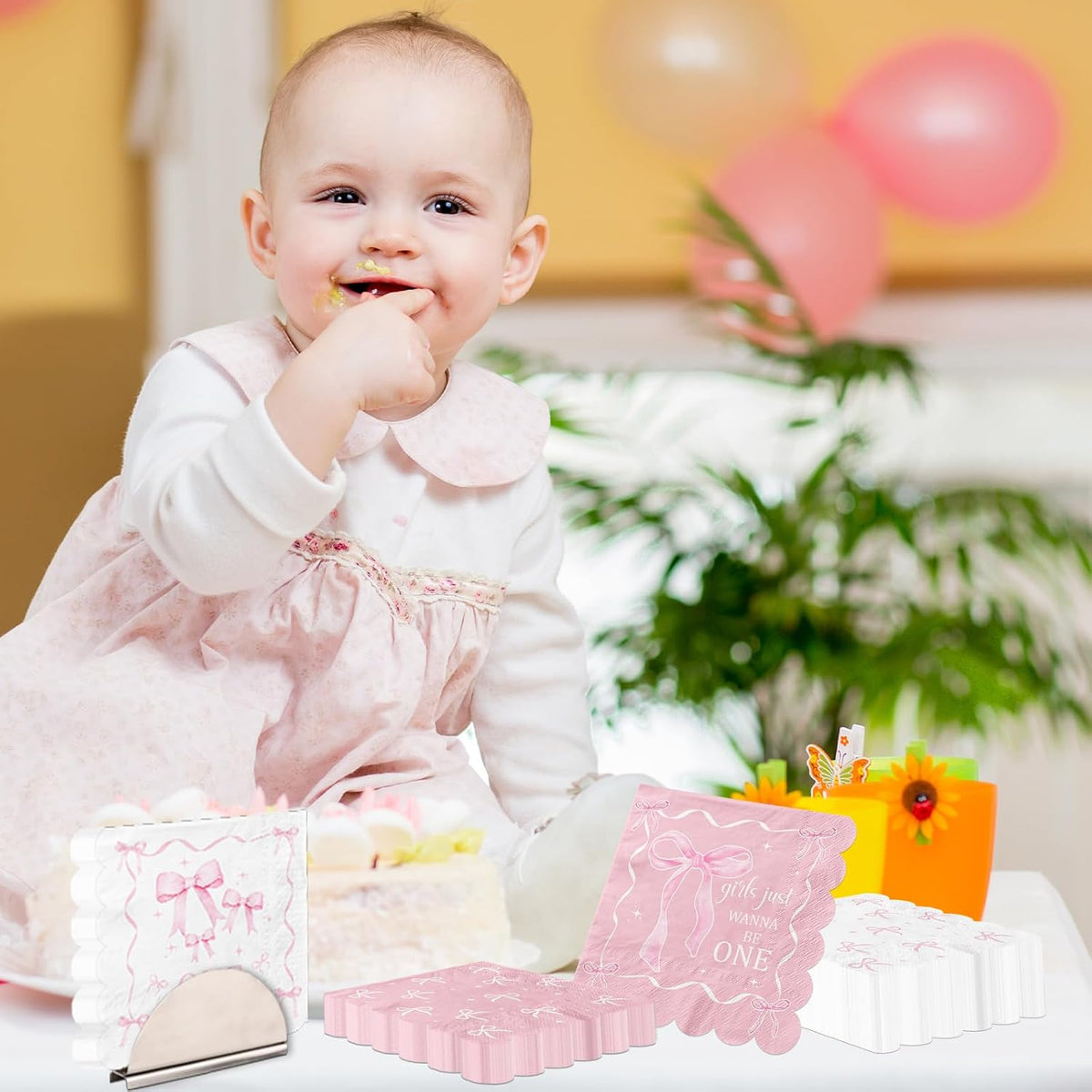 Pink Bow 1st Birthday Party Decorations 50pcs Girls Just Wanna Be One Napkins Disposable Coquette Birthday Paper Napkin for Girls Baby Shower Party Supplies