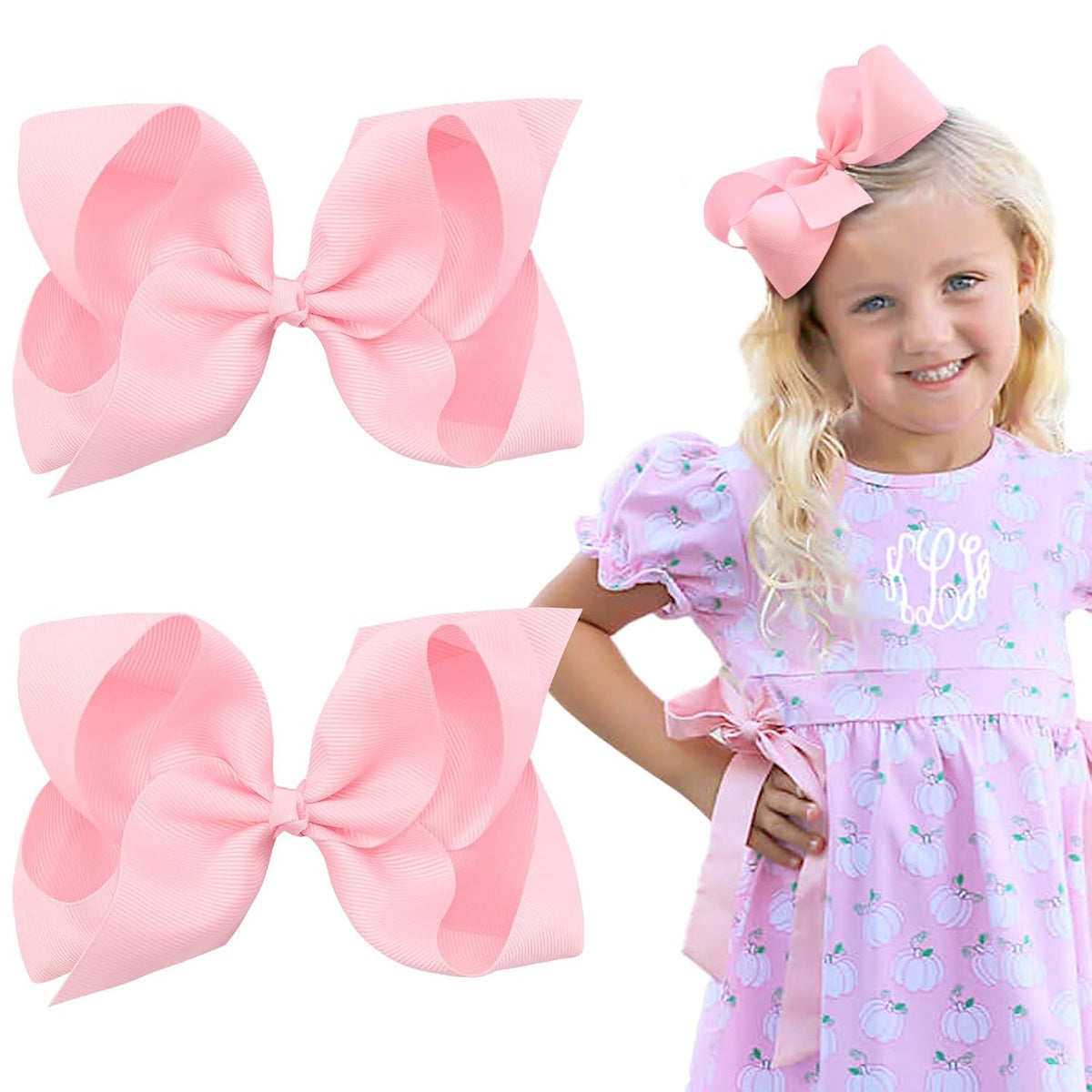 2PCS 6inch Hair Bows Clips, Pink Layered Grosgrain Ribbon Bows Hair Alligator Clips Hair Barrettes for Baby Girls Infants Toddlers Kids Teens Children