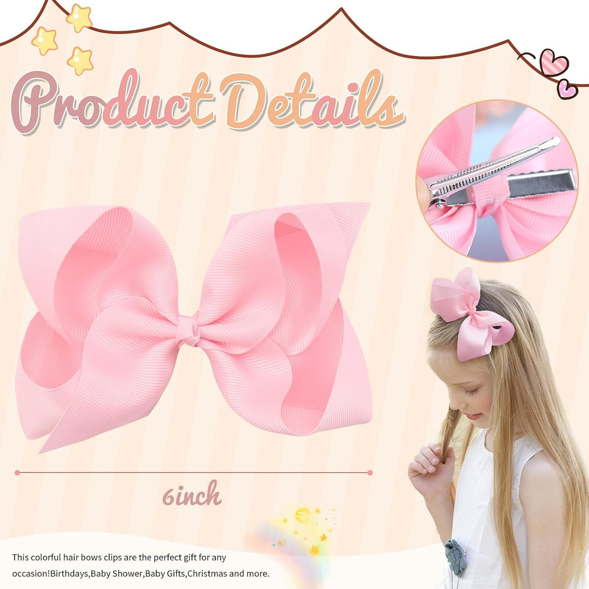 2PCS 6inch Hair Bows Clips, Pink Layered Grosgrain Ribbon Bows Hair Alligator Clips Hair Barrettes for Baby Girls Infants Toddlers Kids Teens Children