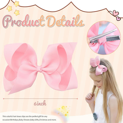2PCS 6inch Hair Bows Clips, Pink Layered Grosgrain Ribbon Bows Hair Alligator Clips Hair Barrettes for Baby Girls Infants Toddlers Kids Teens Children