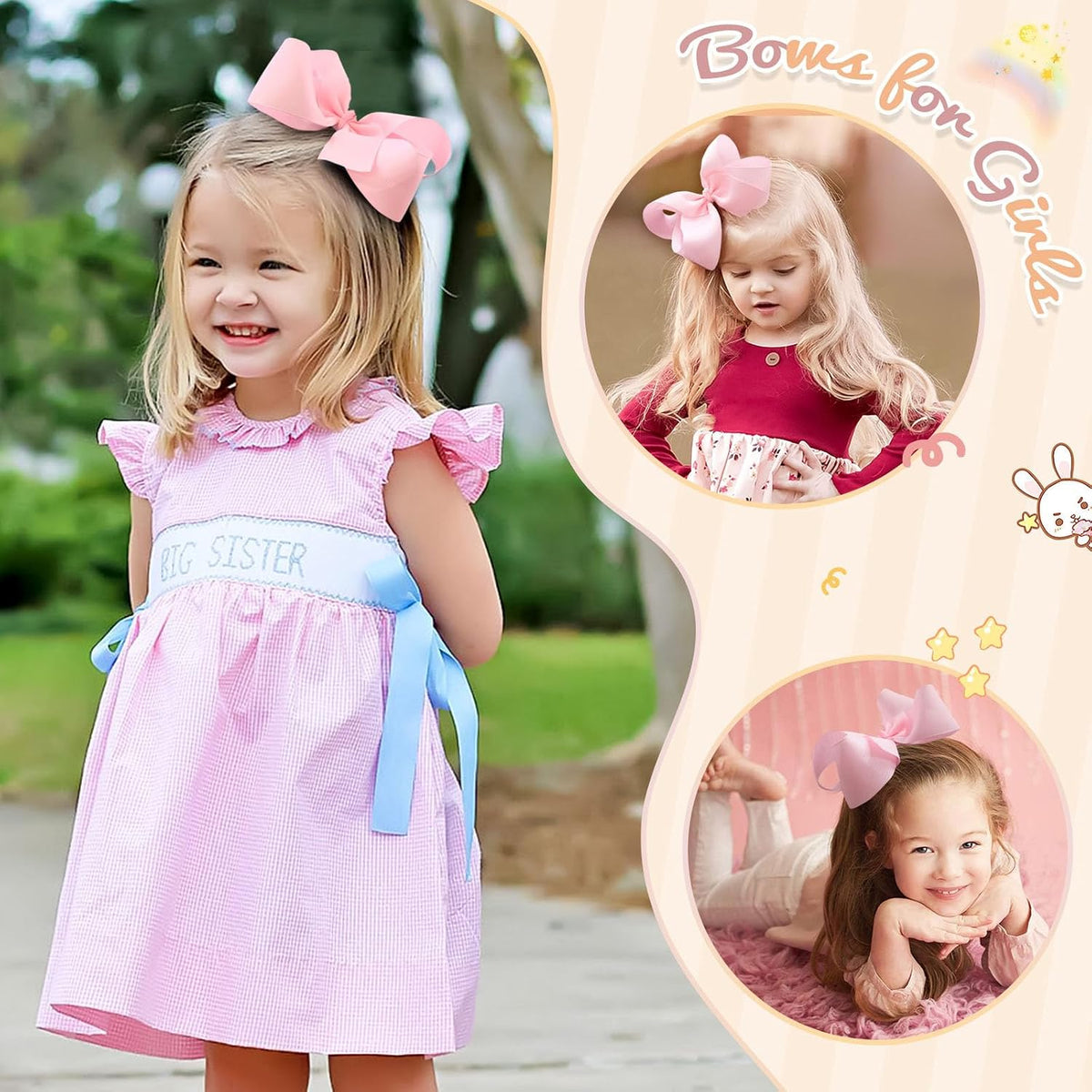 2PCS 6inch Hair Bows Clips, Pink Layered Grosgrain Ribbon Bows Hair Alligator Clips Hair Barrettes for Baby Girls Infants Toddlers Kids Teens Children