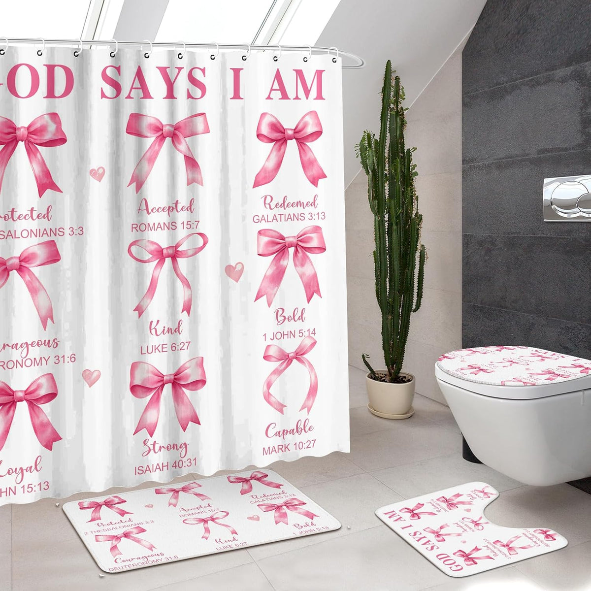4 Pcs Pink Bow Shower Curtain Set Bible with Rugs, 12 Hooks