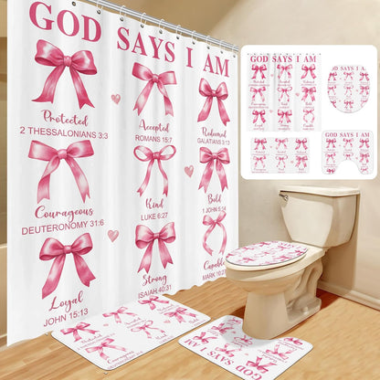 4 Pcs Pink Bow Shower Curtain Set Bible with Rugs, 12 Hooks