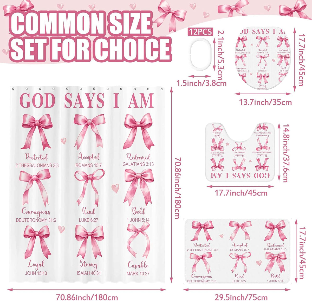 4 Pcs Pink Bow Shower Curtain Set Bible with Rugs, 12 Hooks