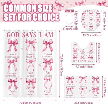 4 Pcs Pink Bow Shower Curtain Set Bible with Rugs, 12 Hooks