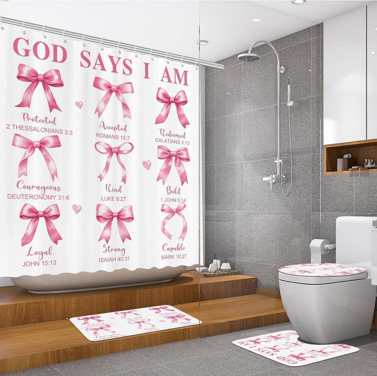 4 Pcs Pink Bow Shower Curtain Set Bible with Rugs, 12 Hooks