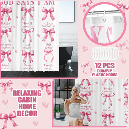 4 Pcs Pink Bow Shower Curtain Set Bible with Rugs, 12 Hooks
