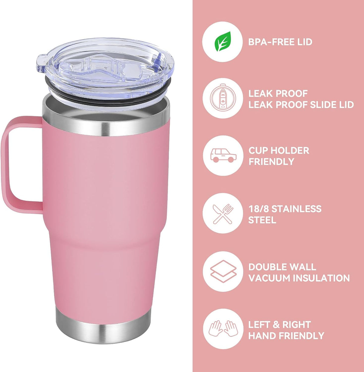 20 oz Tumbler with Handle Insulated Travel Mugs Set of 6, Pink