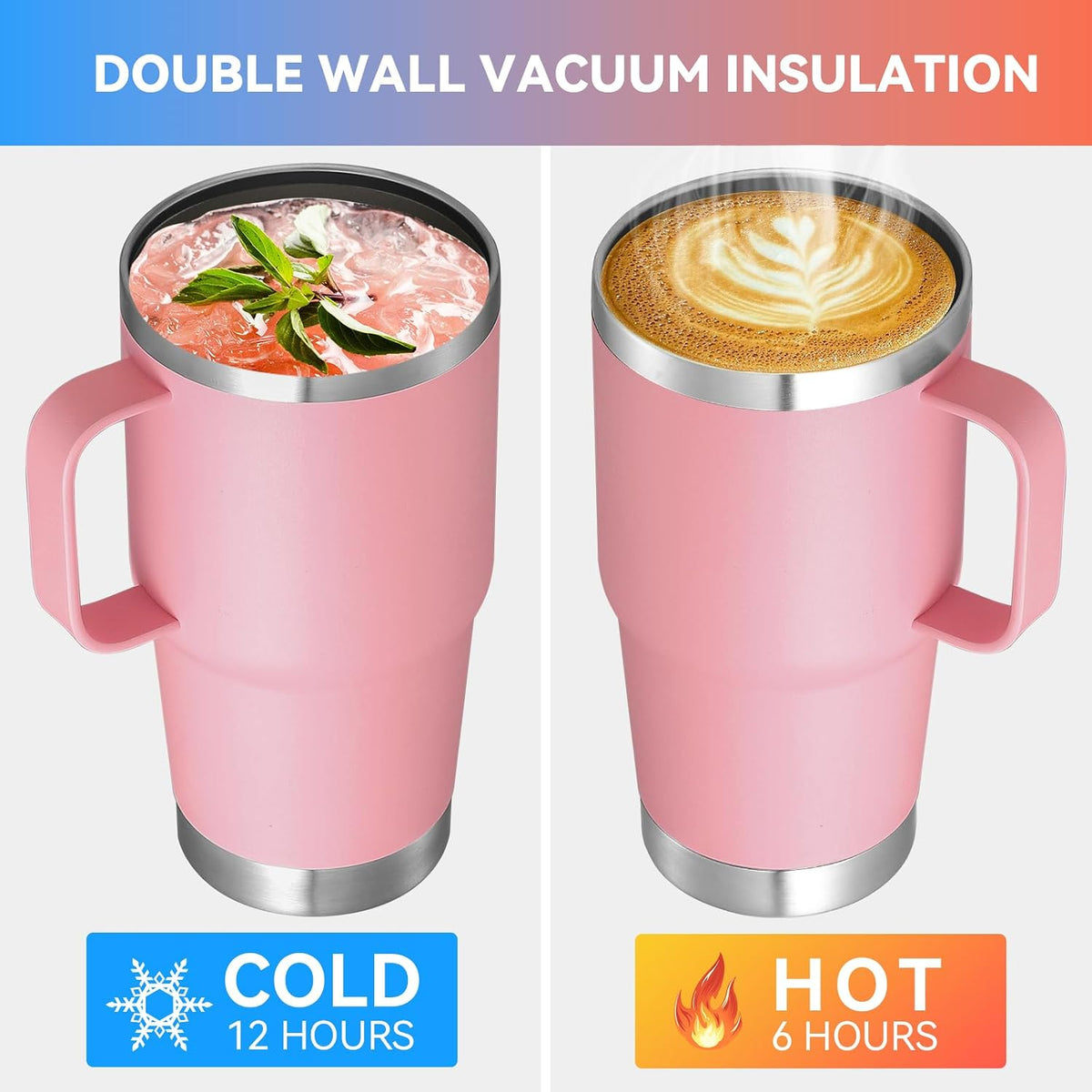 20 oz Tumbler with Handle Insulated Travel Mugs Set of 6, Pink